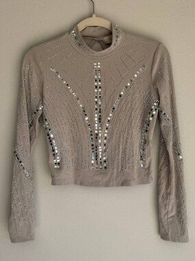 Lizette Collection Nude Beige Rhinestone Crop Top Long Sleeve Size L Glam